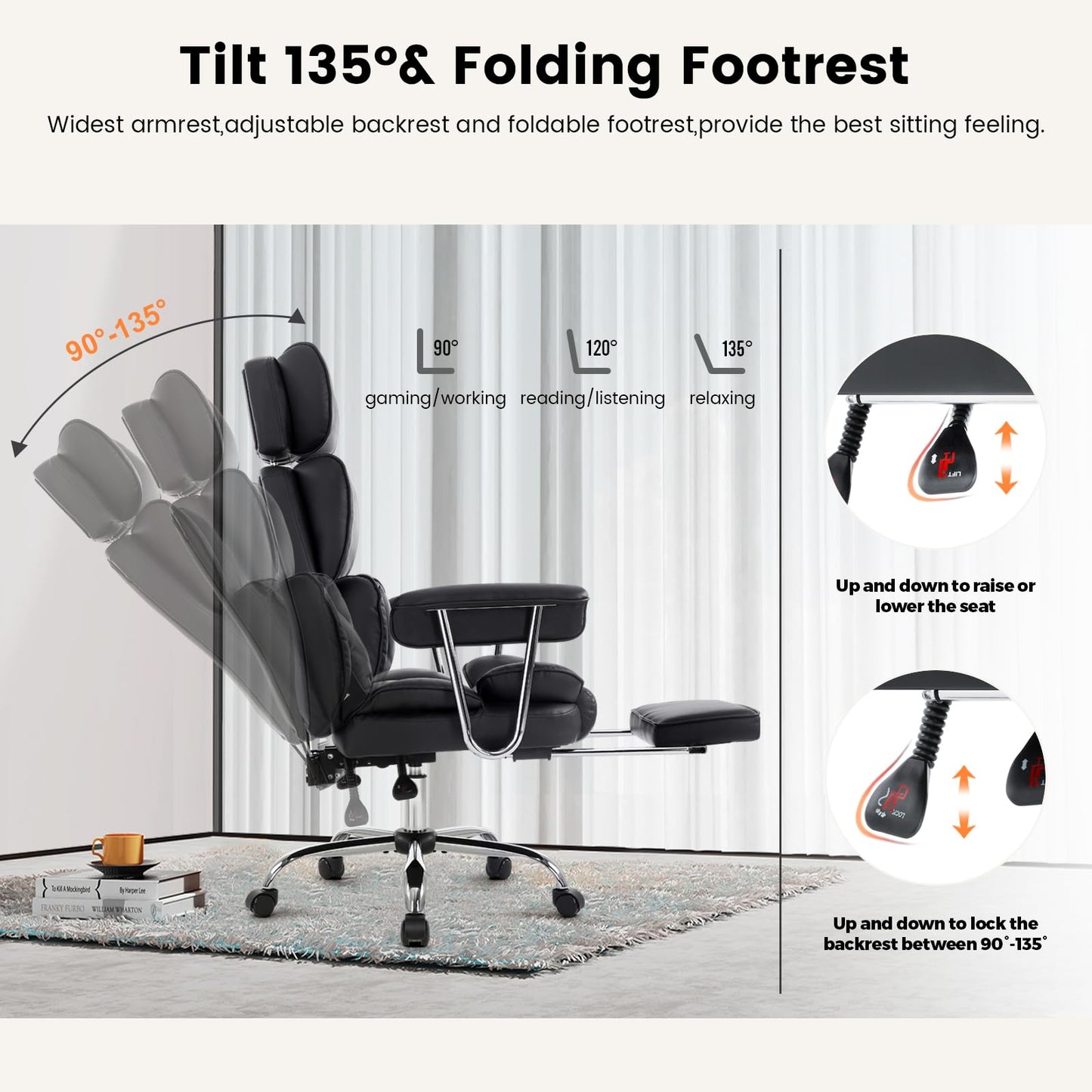 - IWMH Big and Tall Leather Office Chair 400LBS | High Back Reclining Desk Chair | Wide Seat & Footrest | Lifting Headrest Executive Office Chair -