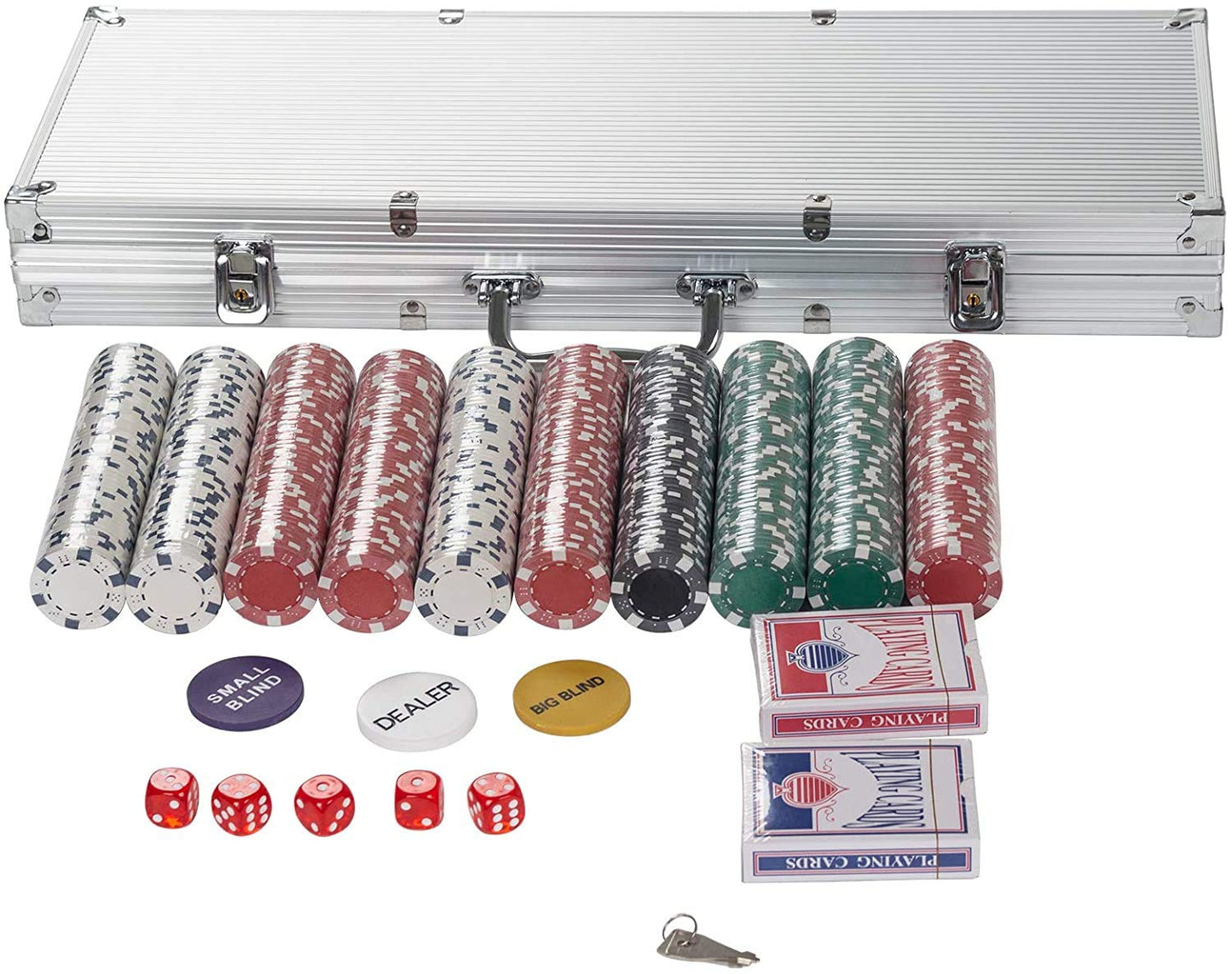 - Display4top Texas Holdem Poker Chips Set | Aluminum Case | 2 Decks of Cards, Dealer, Small Blind, Big Blind Buttons and 5 Dice (500pcs) -