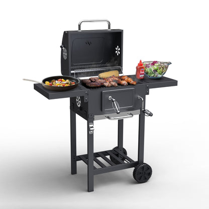 Charcoal BBQ Grill Smoker Stainless Steel with Folding Side Table Shelves, Built-In Thermometer, Wheels, Adjustable Height Outdoor Barbecue BillyOh Kentucky, Black