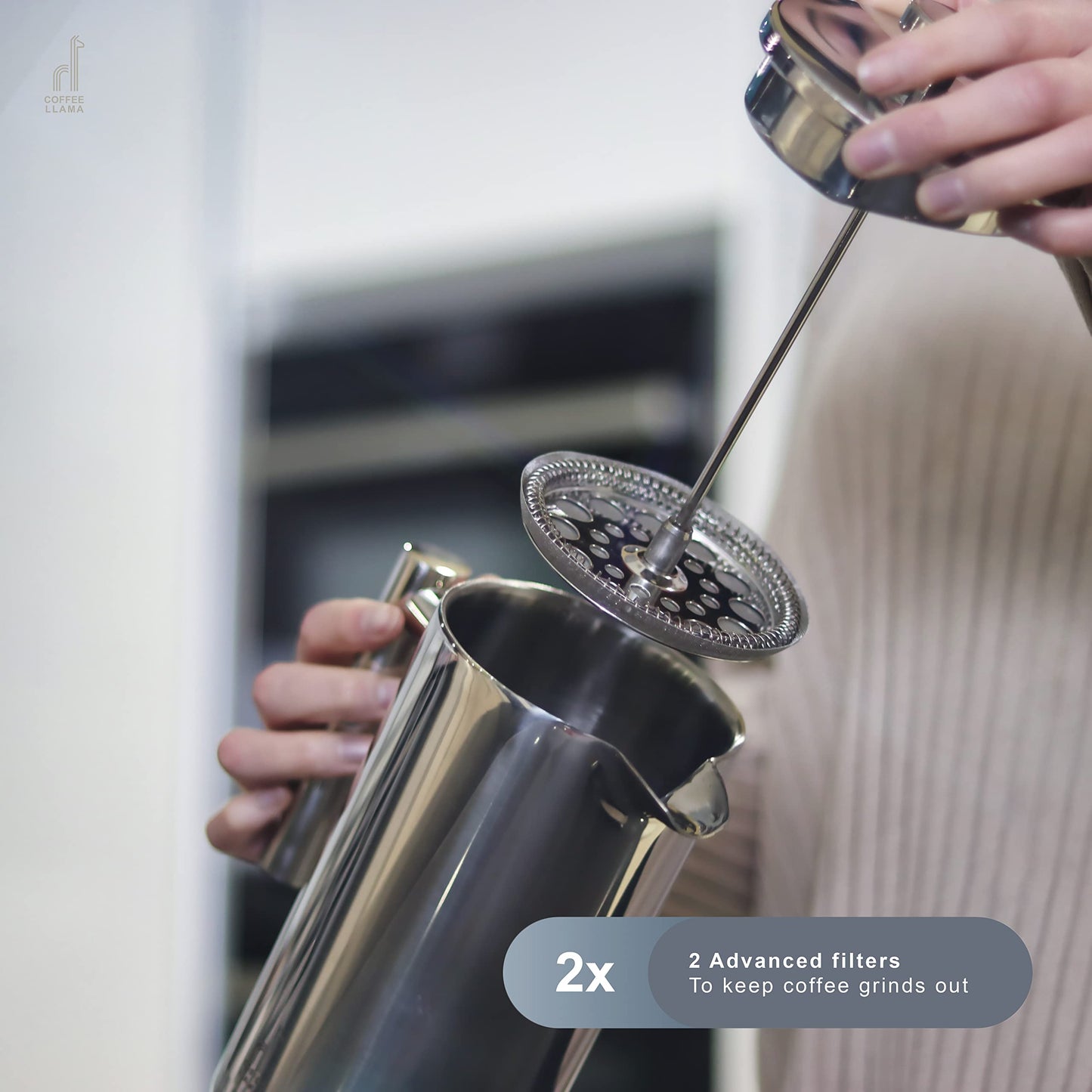 Coffee Llama™ French Press | 1 Litre | 8 Cups Cafetiere Doubled Walled Portable Stainless Steel Coffee Press for Home, Travel & Camping with 3 Extra Filters