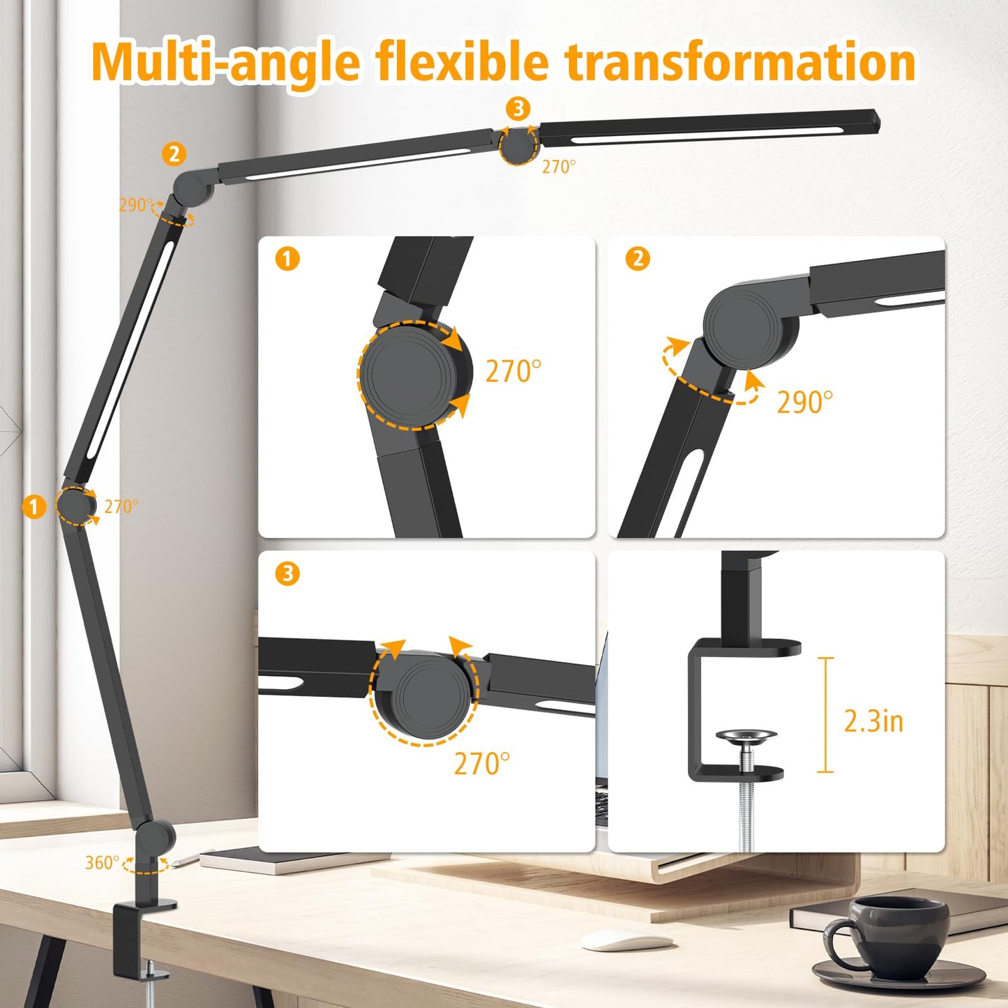 AILBTON LED Desk Lamp with Clip,Multi-Angle Flexible 4 Sections 3 Light Sources Office Desk Lamp,4 Color Temperatures and 5 Brightness Levels,Night Eye Care Table Lamp