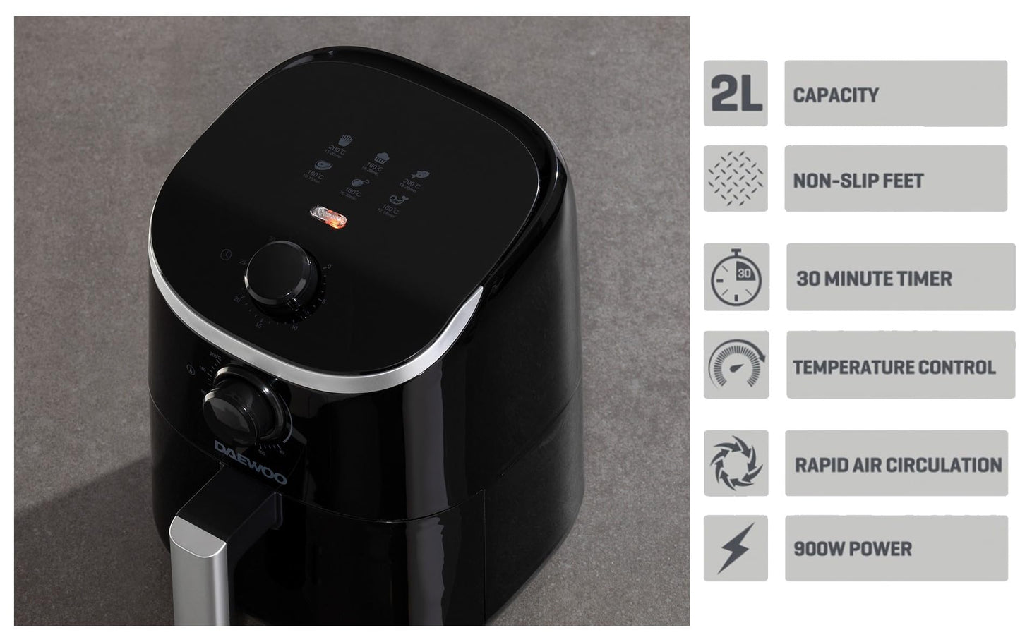 Daewoo Manual Air Fryer, 2 Litres, Compact And Space Saving Design, 80-200°C Temperature, 30 Minute Timer, Energy Savings, Healthier Eating, Sleek And Stylish, Black