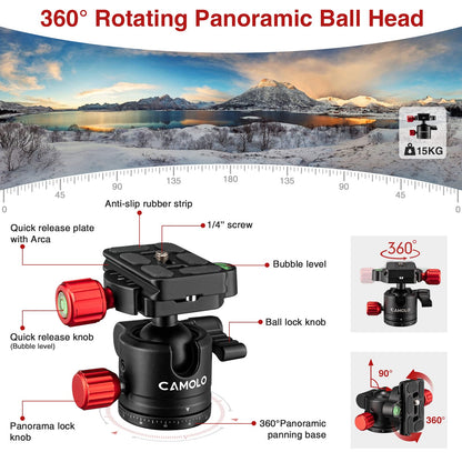 CAMOLO 75" Camera Tripod DSLR Tripod for Travel Aluminum Camera Tripod Monopod 360° Panorama Ball Head with Quick Release Plate Professional Tripod with Carry Bag Phone Mount w Cold Shoe 33 lbs Load
