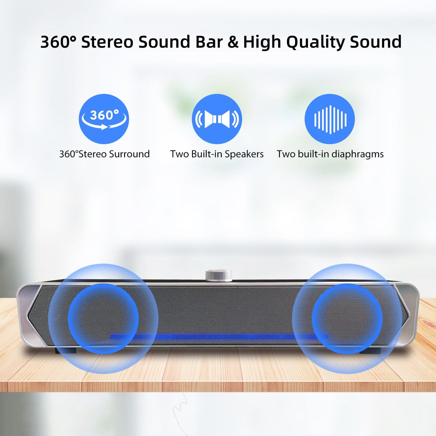 Computer PC Speakers, Bluetooth 5.3 Computer Soundbar for Desktop Monitor Speakers, Wired USB Powered PC Sound bar with LED, Superb Stereo Sound for Desktops, Laptops, Tablets, Smartphones-Silver