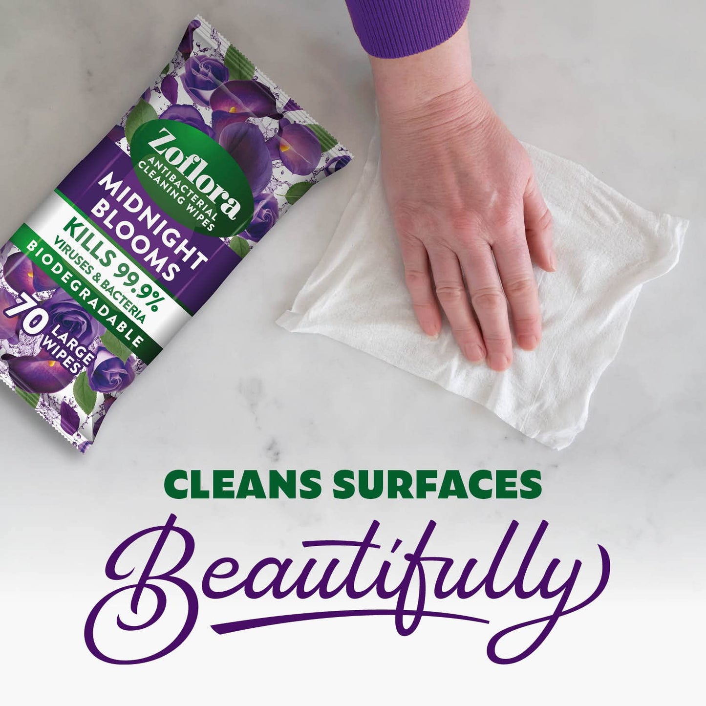 - Zoflora Midnight Blooms Biodegradable Wipes, Antibacterial Multi-surface Cleaning Wipes, Kills 99,9% of Bacteria & Viruses, Convenient, Quick Cleaning, 6 Pack, 70 Wipes per Pack (420 Sheets)
