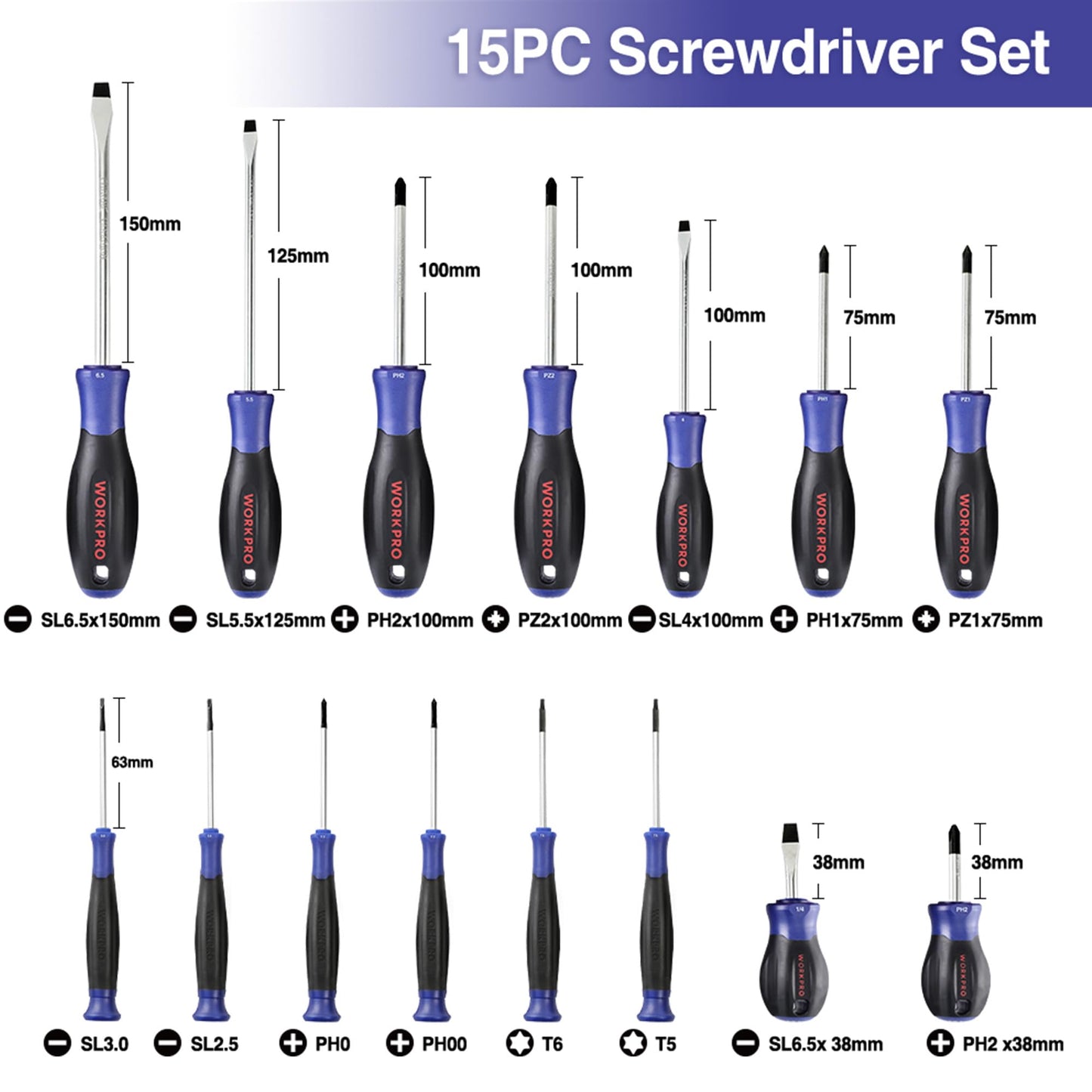 - WORKPRO Magnetic Screwdriver Set 16 Pcs with Case, Including Precision Screwdrivers, Universal Screwdriver and Magnetizer, with 4 Head Shapes(Flat/Phillips/Pozidriv/Torx)