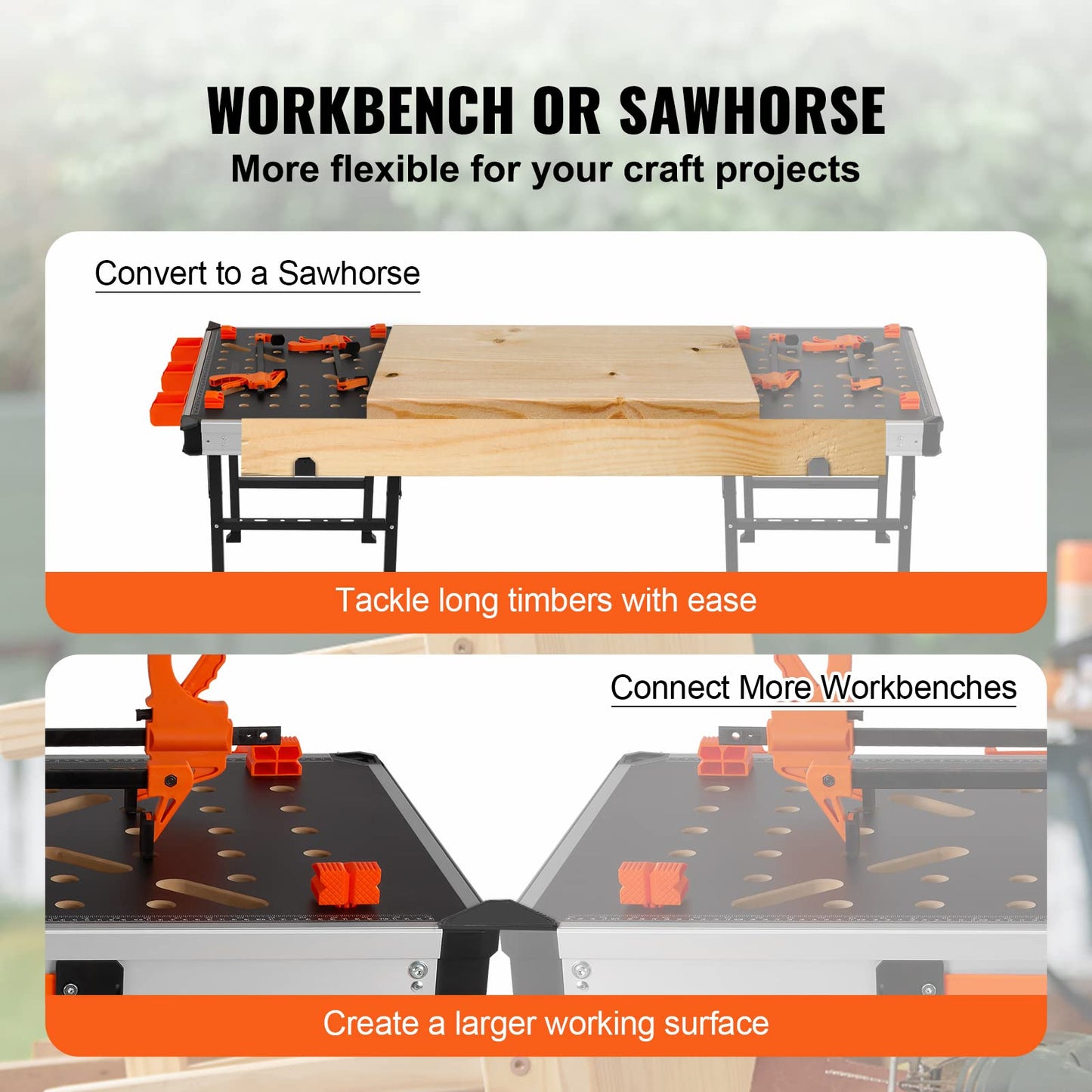 - VEVOR Folding Work Table, 2-in-1 as Sawhorse & Workbench, 1000 lbs Load Capacity -