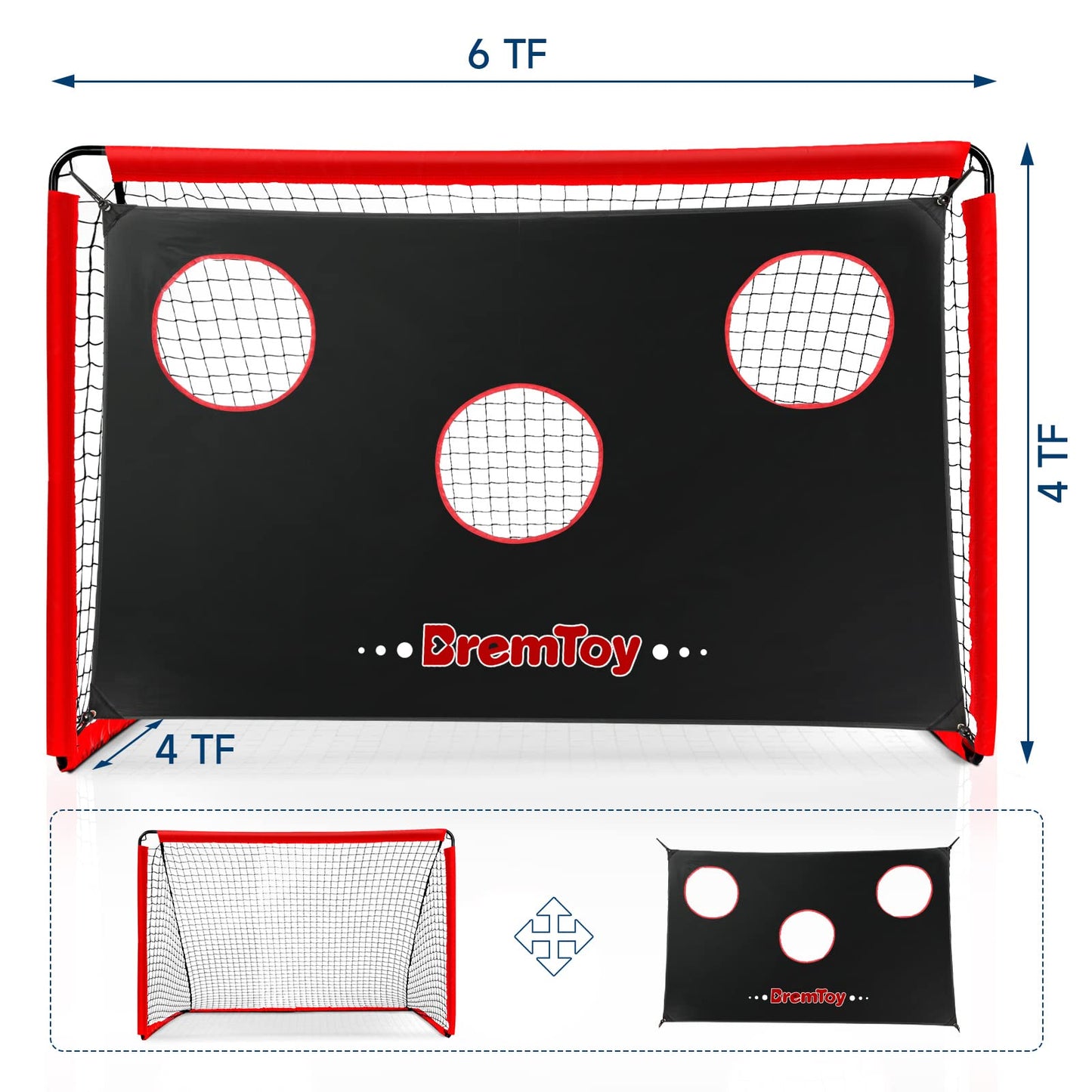 BremToy 2 in 1 Football Goal 6ft x 4ft, Football Goals for the Garden with Target Goal Net, Waterproof Oxford Cloth Football Goal for Kids, 4 U-Shaped Steel Stakes, Portable Bag