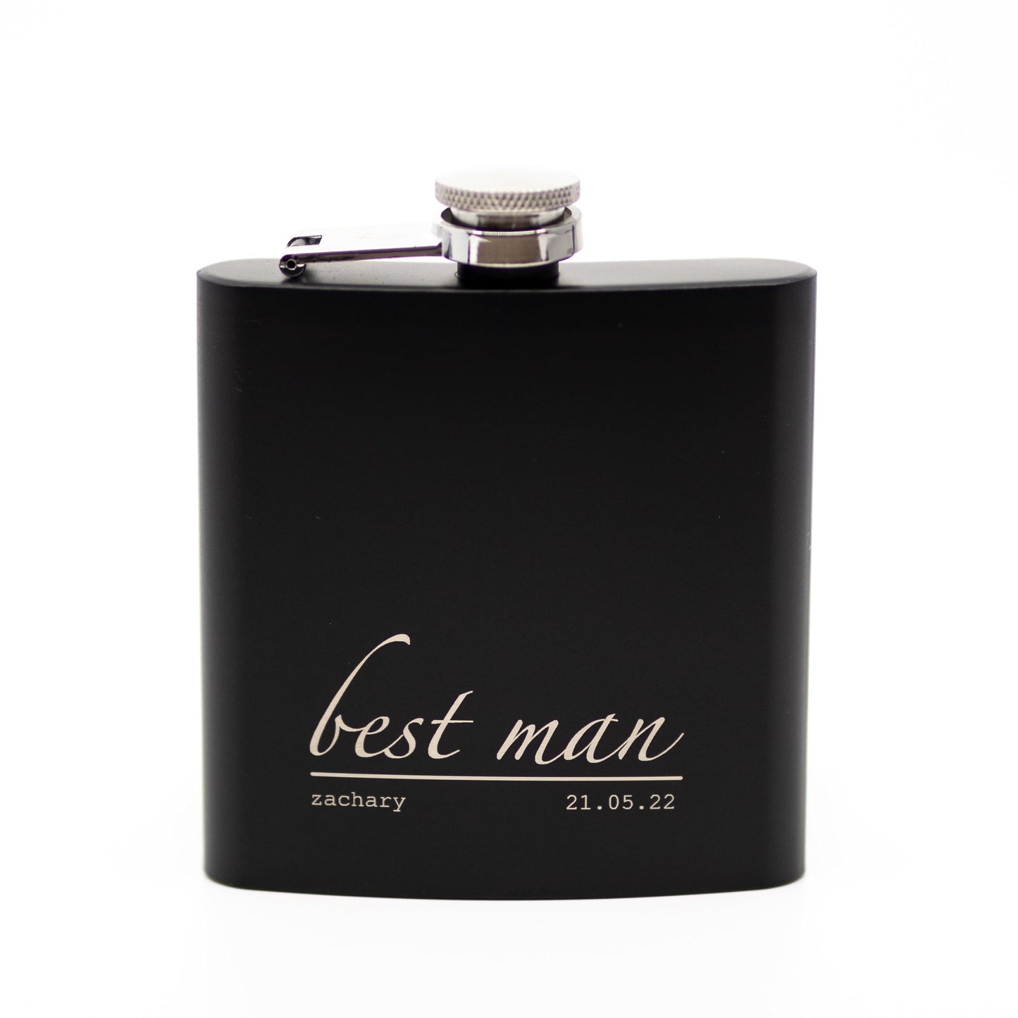 - Engraved Hip Flask Gift Set | 6oz | Black/Silver | Personalized Design Options -