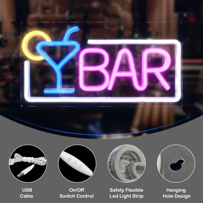 Bar Neon Light Signs for Home Bar, Neon Signs for Wall Decor, Led Neon Light Beer Cocktail USB Powered with Dimmer & Switch, Light Up Neon Wall Signs for Pub Bistro Man Cave Party Gifts, 16.5"×8.7"