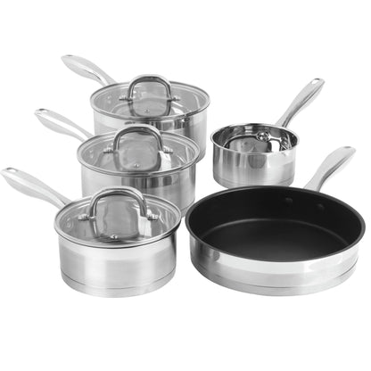 - Salter BW06746 Timeless 5 Piece Pan Set | Induction Hob Cooking Pots | Stainless Steel Cookware, 16, 18, 20 cm Saucepans, Milk Pan And 24cm Frying Pan -