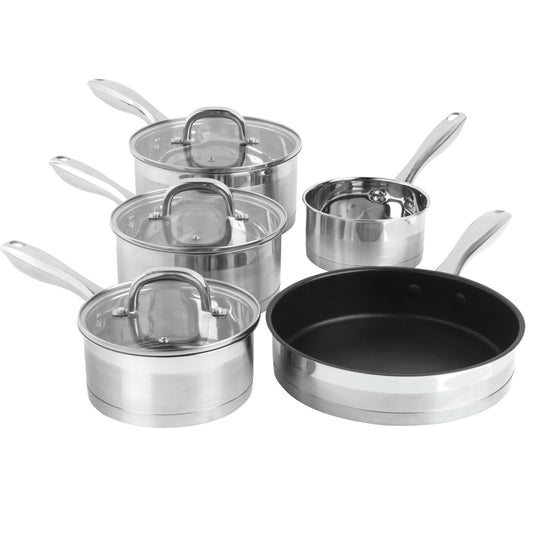 - Salter BW06746 Timeless 5 Piece Pan Set | Induction Hob Cooking Pots | Stainless Steel Cookware, 16, 18, 20 cm Saucepans, Milk Pan And 24cm Frying Pan -