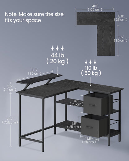 - VASAGLE L-Shaped Desk with 2 Spacious Drawers, Gaming Desk with Monitor Stand, Corner Desk -