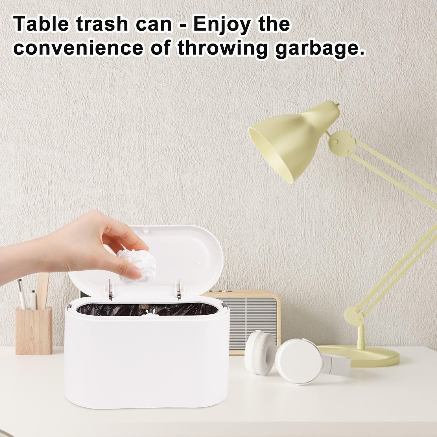 - SHAIDOJIO Desk Bin with Lid | Mini Bin with 90PCS Trash Bags -