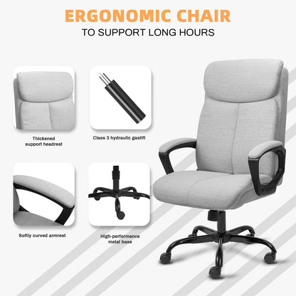 BASETBL Executive Office Chair Comfy Chair, TUV & EN1335 Standard Ergonomic Computer Desk Chair, Multi-zone Support Skin-friendly Breathable Fabric, High Back for Home Office Widen and Enlarge (Grey)