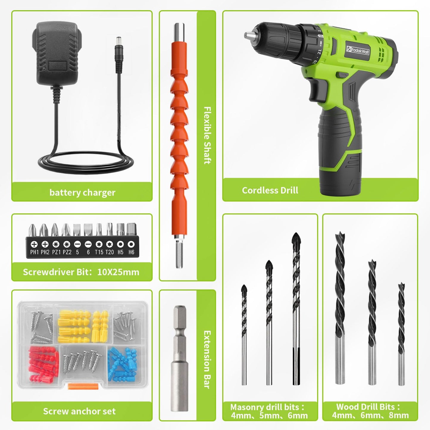 - FADAKWALT 12V Cordless Drill, Battery Power Drill Drivers | 3/8” inch Keyless Chuck | Electric Screwdriver Kit | 21+1 Torque Setting | Combi Drill with Li-Ion Battery and Charger -