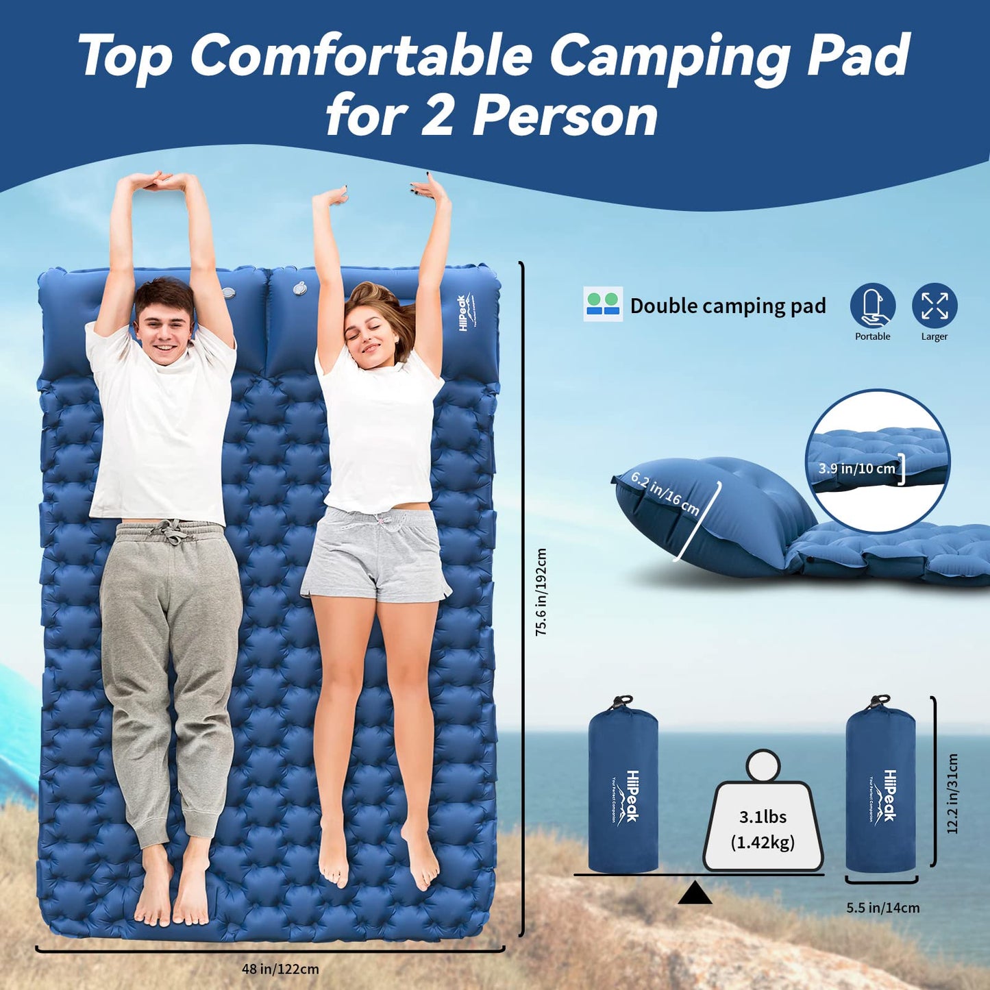 - HiiPeak Double Sleeping Pad With Foot Pump & Pillow | Self Inflating Camping Air Mat for 2 Person -