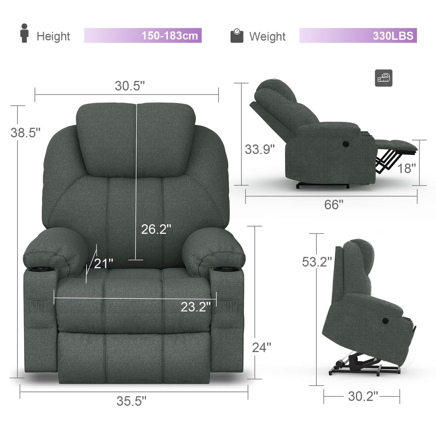 - YONISEE Lift chairs recliners for elderly,Recliner Chair with Massage and Heat, Extended Footrest, Heavy Duty Motor Large Recliners for Living Room USB Port, Cup holders, 2 Side Pockets