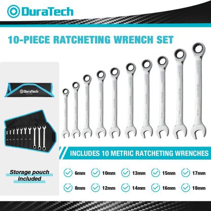 - DURATECH 10-Piece Ratchet Combination Spanner Set | Fixed Head Open End Combination Wrench Set with Roll Pouch | Metric | 6-18mm | 12 Point | CR-V Steel -