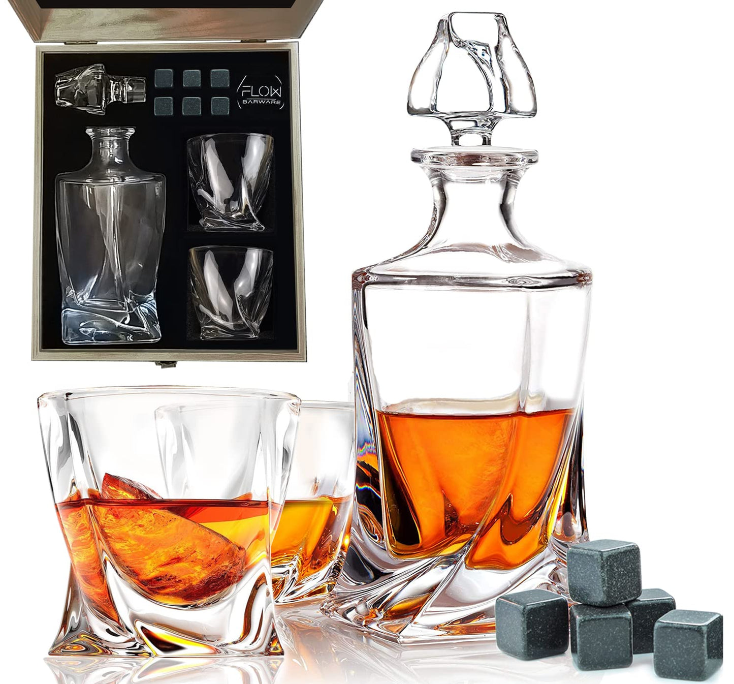 - FLOW Barware Deluxe Whiskey Decanter and Glass Set | Twist Design Decanter Set & 2 Whiskey Glasses with 6 Granite Whiskey Stones | Whisky Decanter Gift Set -