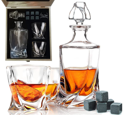 - FLOW Barware Deluxe Whiskey Decanter and Glass Set | Twist Design Decanter Set & 2 Whiskey Glasses with 6 Granite Whiskey Stones | Whisky Decanter Gift Set -