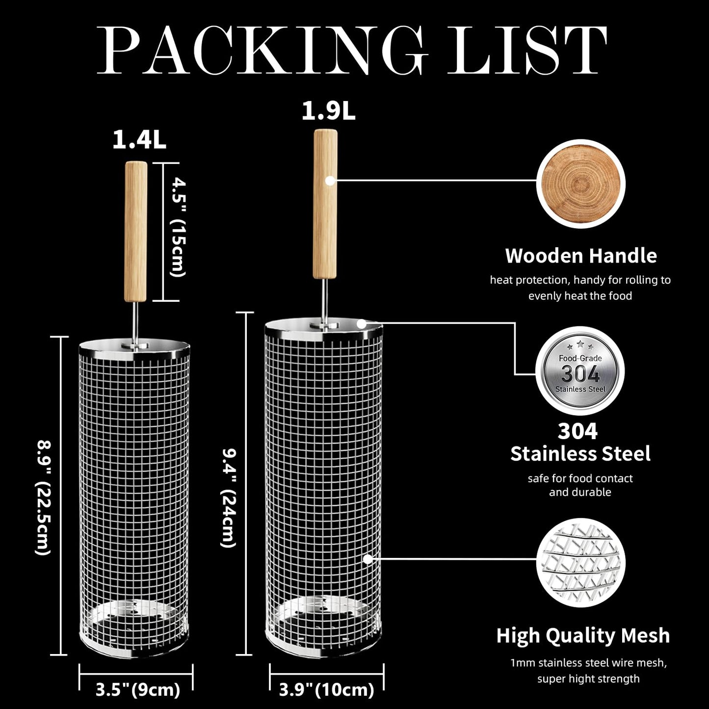 - Nesting Grill Baskets (2PCS) | Removable Wooden Handle | 304 Stainless Steel -
