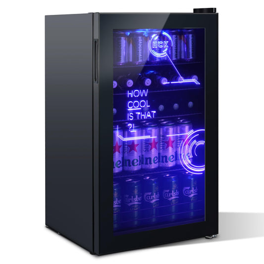 - HCK 98L Cyberpunk Mini Beer Fridge with Glass Door | Beverage Refrigerators | 0-10°C | Led Light -