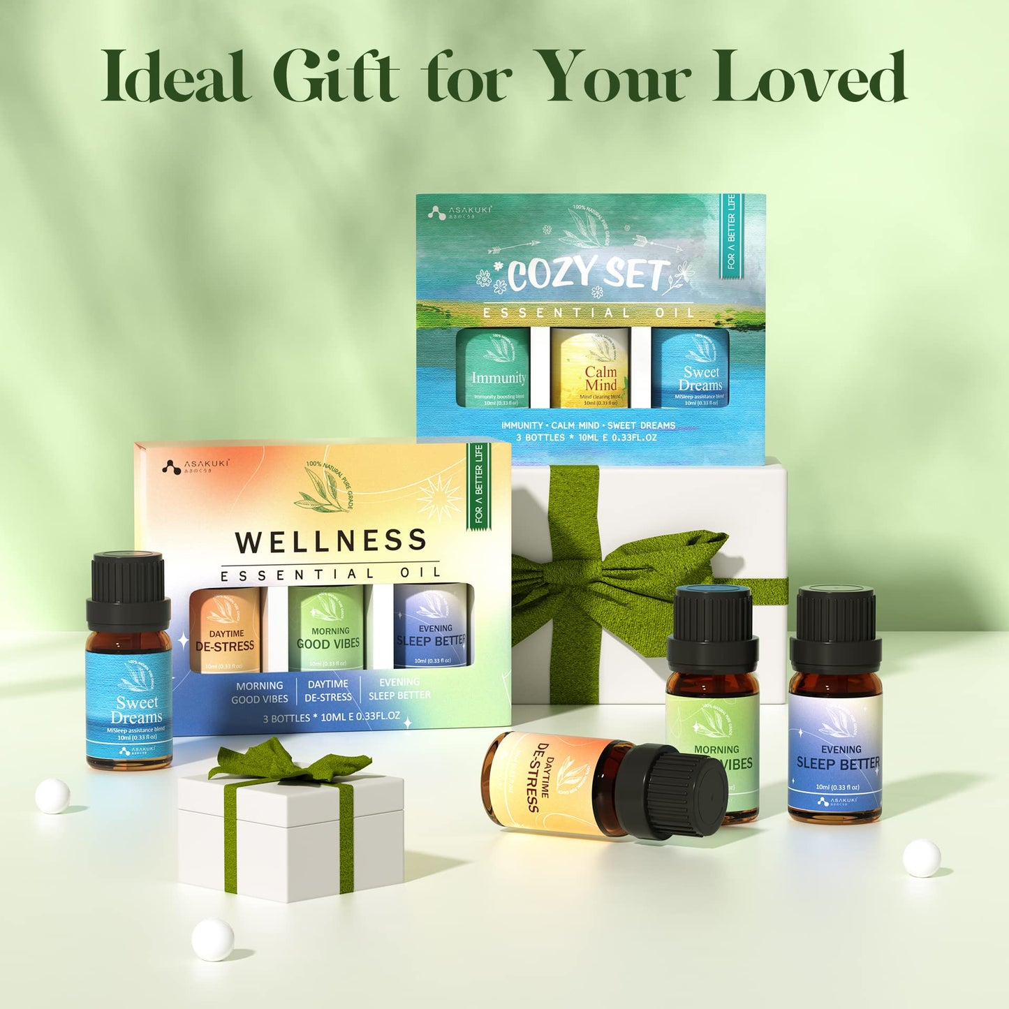 ASAKUKI Wellness Essential Oils Gift Set – 100% Pure Aromatherapy Diffuser Blends Oils, Therapeutic Grade, Help for Uplift Mind, Calm Stress & Anxiety, Allay Tiredness, Sleep Better - 3 * 10mL