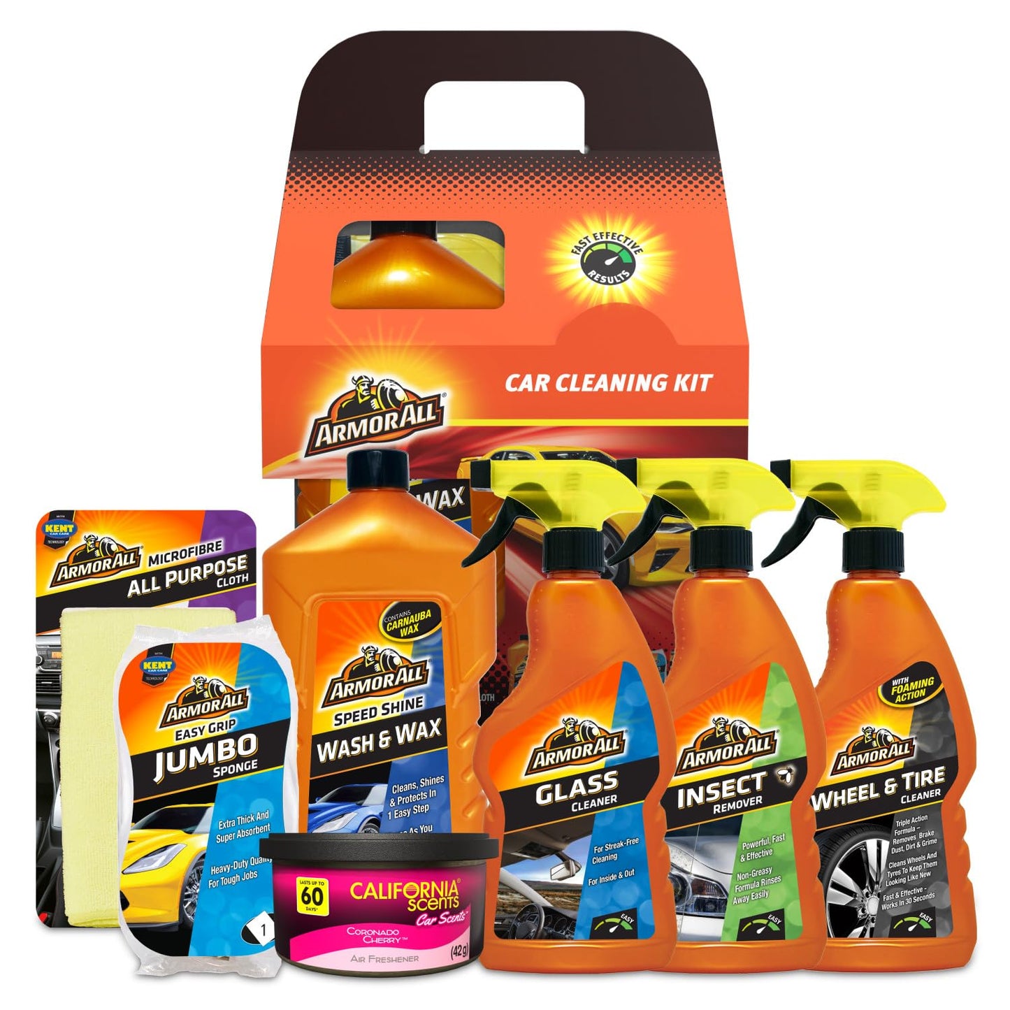 Armor All 7-Piece Car Cleaning Kit, Includes Glass Cleaner, Jumbo Sponge, Car Wash & Wax, California Scents Can Car Air Freshner, Wheel & Tyre Cleaner 500ml, Insect Remover and Microfibre Cloth
