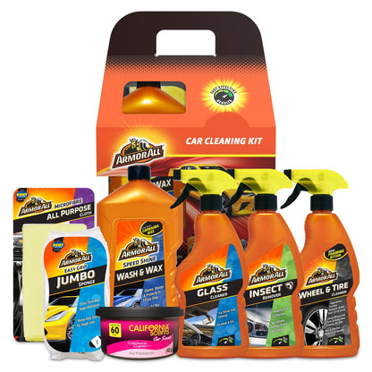 Armor All 7-Piece Car Cleaning Kit, Includes Glass Cleaner, Jumbo Sponge, Car Wash & Wax, California Scents Can Car Air Freshner, Wheel & Tyre Cleaner 500ml, Insect Remover and Microfibre Cloth