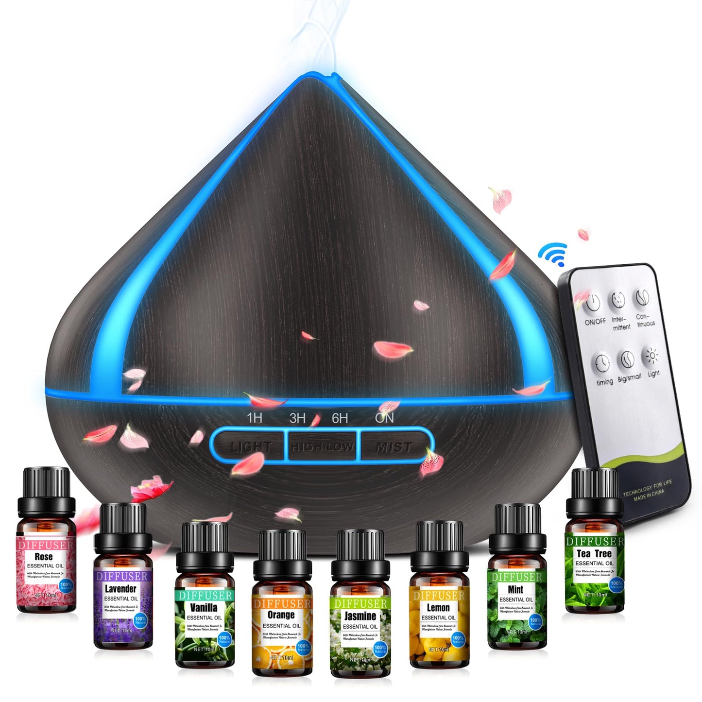 500ml Essential Oil Diffusers With 8 Essential Oils Set, Aromatherapy Diffusers With Remote Control, 4 Timer,Auto-Waterless Shut-Off For Bedroom, Large Room
