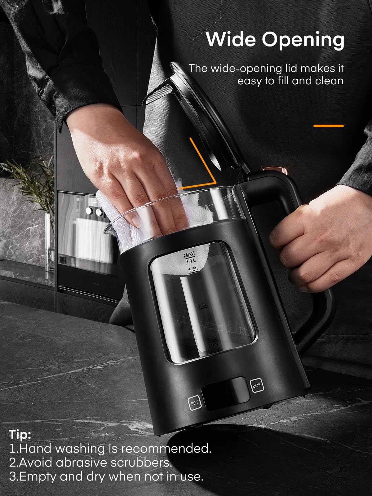 - Electric Kettle | 1.7L Glass Tea Kettle | 5 Temperature Control | 1500W Fast Boil | Auto Shut-Off & Boil-Dry Protection -