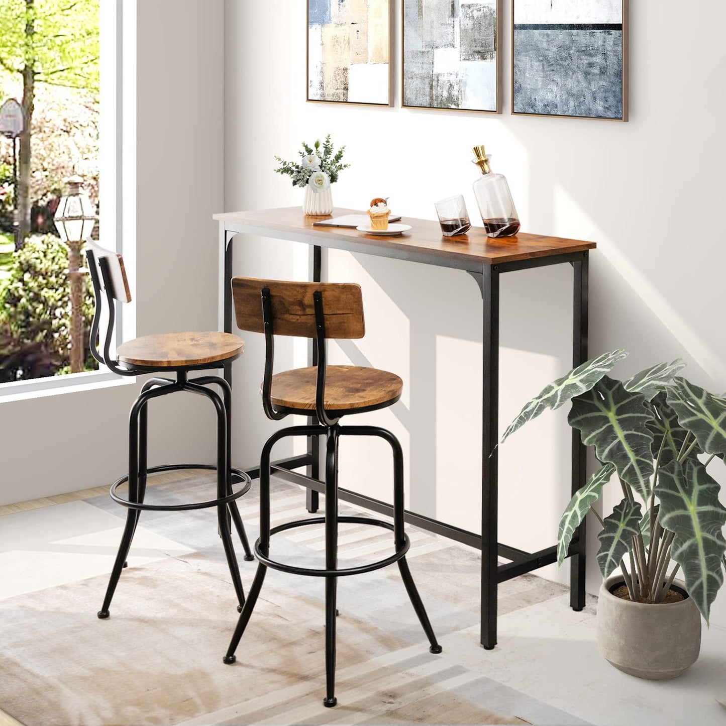 COSTWAY Rectangular Bar Table, 120cm Counter Breakfast Dining High Tables with Footrest and Adjustable Footpads, Metal Frame Pub Coffee Desk for Small Space Kitchen Living Room (Rustic Brown)