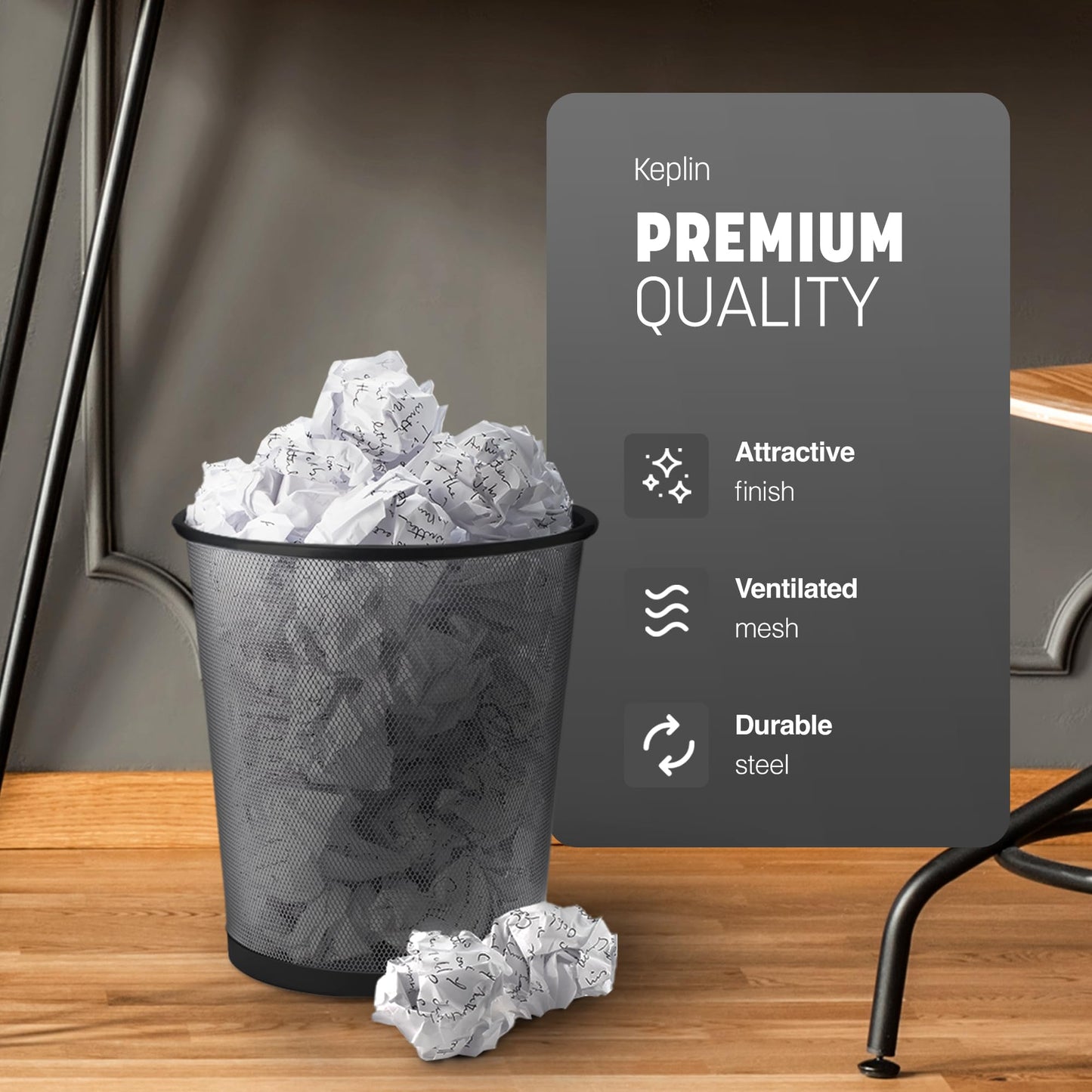 - KEPLIN Round Trash Can | Black Non-slip Mesh Bin | Stylish & Sturdy Metal Waste Paper Bin -