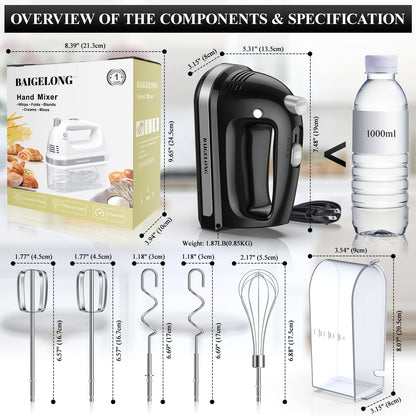 BAIGELONG Hand Electric Mixer, 300W Ultra Power Food Kitchen Mixer with 5 Self-Control Speeds + Turbo Boost, 5 Stainless Steel Attachments Handheld Mixer for Baking, BLACK