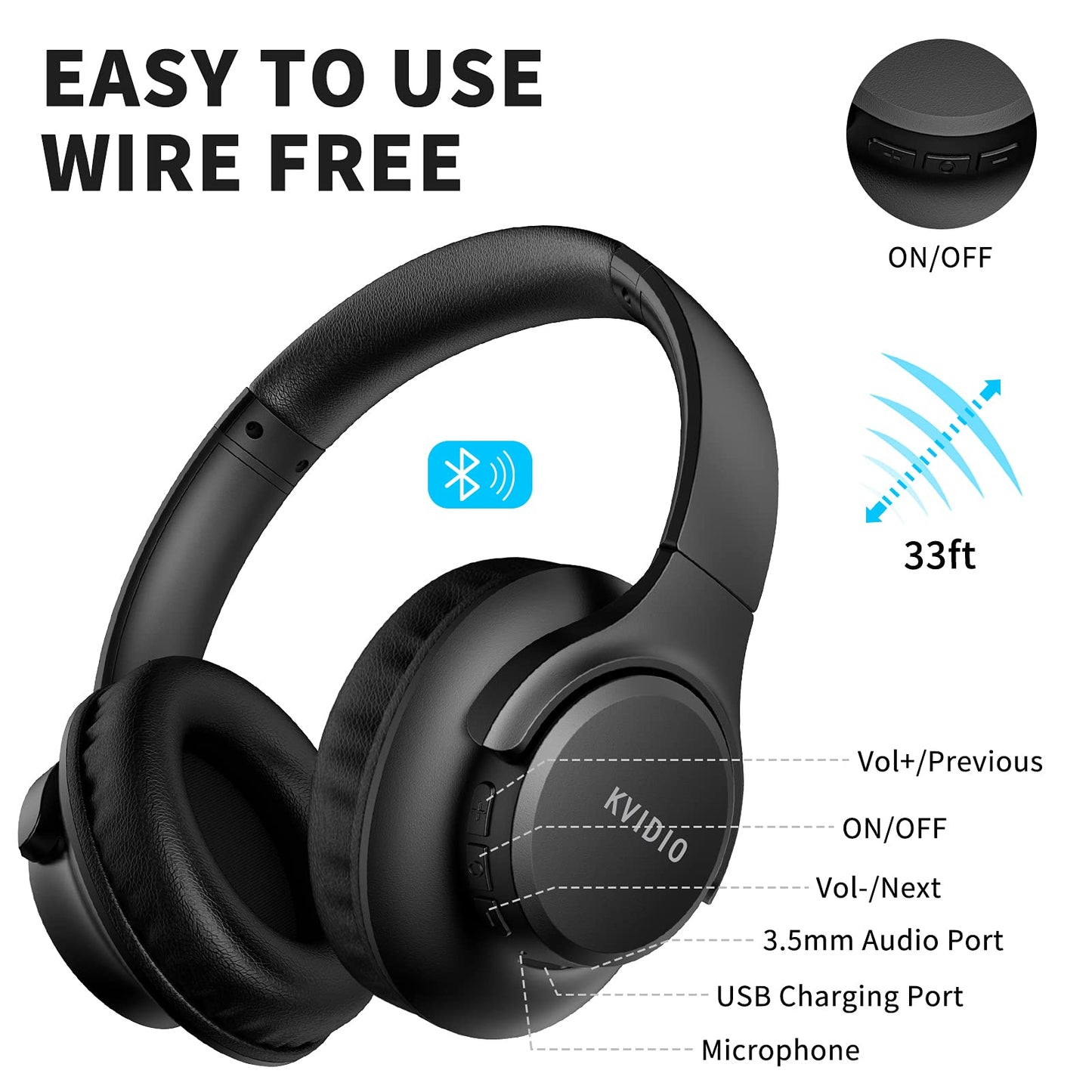 - KVIDIO Bluetooth Headphones | Over Ear | 65 Hours Playtime Wireless Headphones -