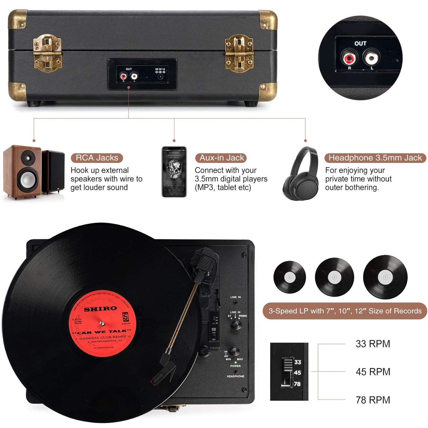 - Retrolife Vinyl Record Player | 3-Speed | Bluetooth | Suitcase Portable Belt-Driven Record Player with Built-in Speakers -