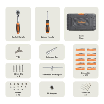 - VonHaus 130pc Socket + Bit Set Including 72-Teeth Ratchet Handle -