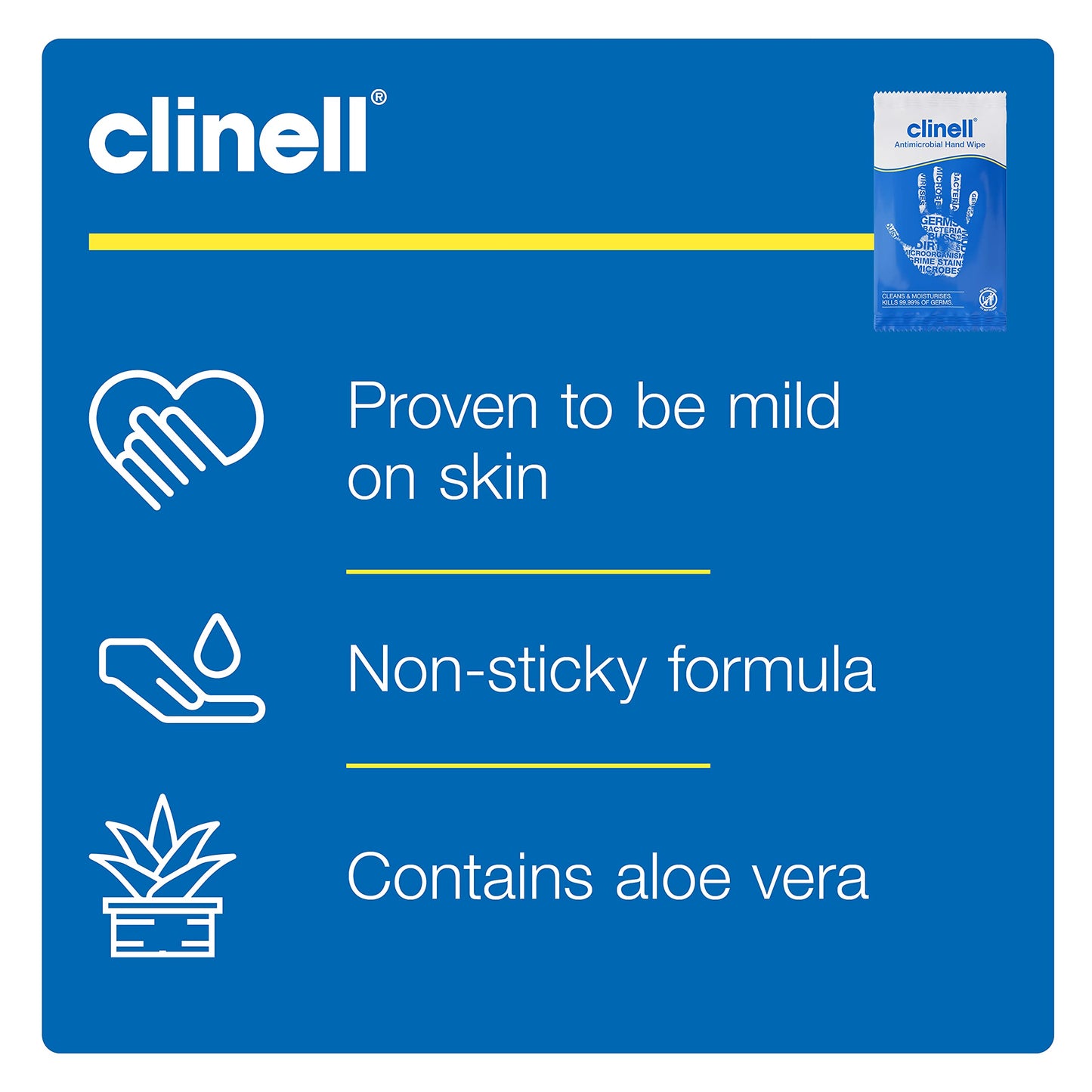 Clinell Antimicrobial Hand Wipes - Pack of 100 Individually Wrapped Sachets - Sanitising Wipes, Ideal for Travel - Dermatologically Tested, Kills 99.99% of Germs