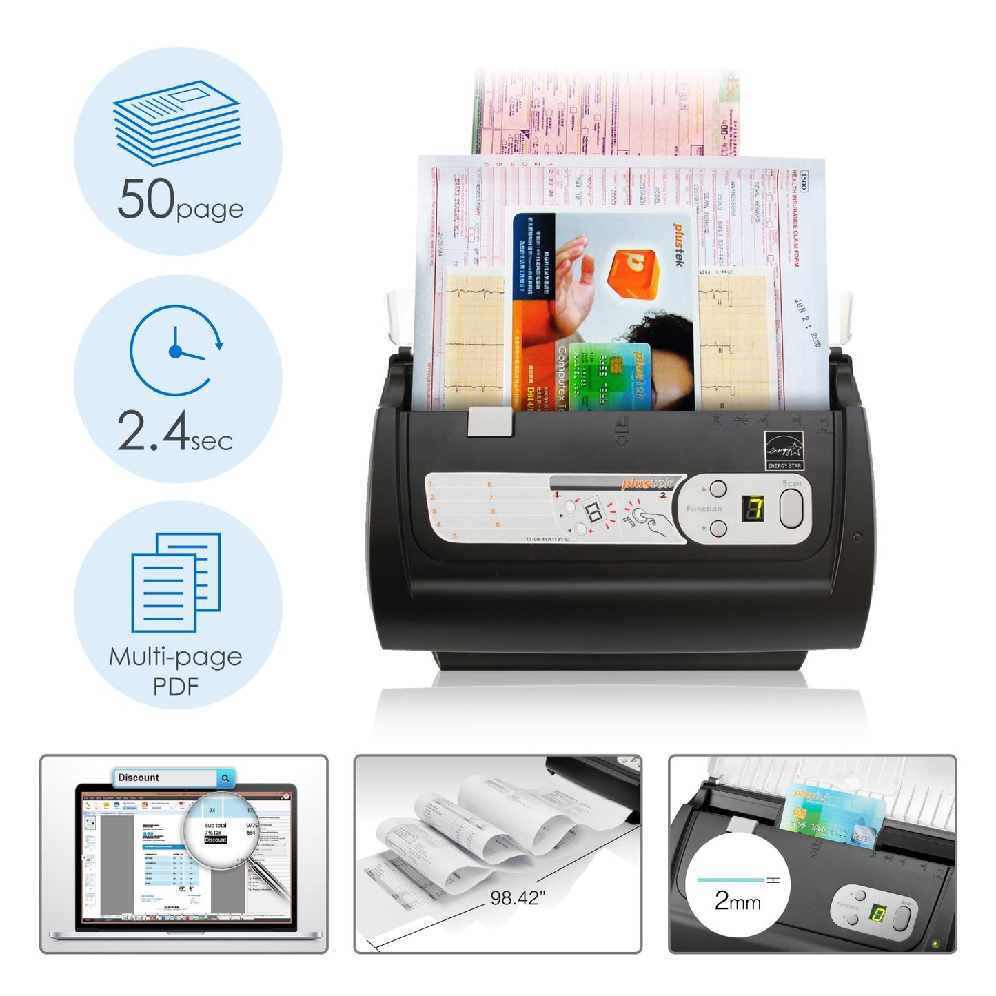 - Plustek PS186 Desktop Document Scanner | with 50-pages Auto Document Feeder -