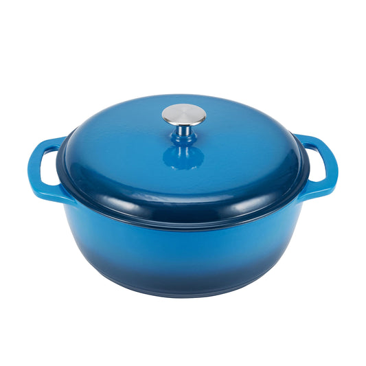 Amazon Basics Enameled Cast Iron Round Dutch Oven with Lid and Dual Handles, Heavy-Duty, 5.6 L, Blue