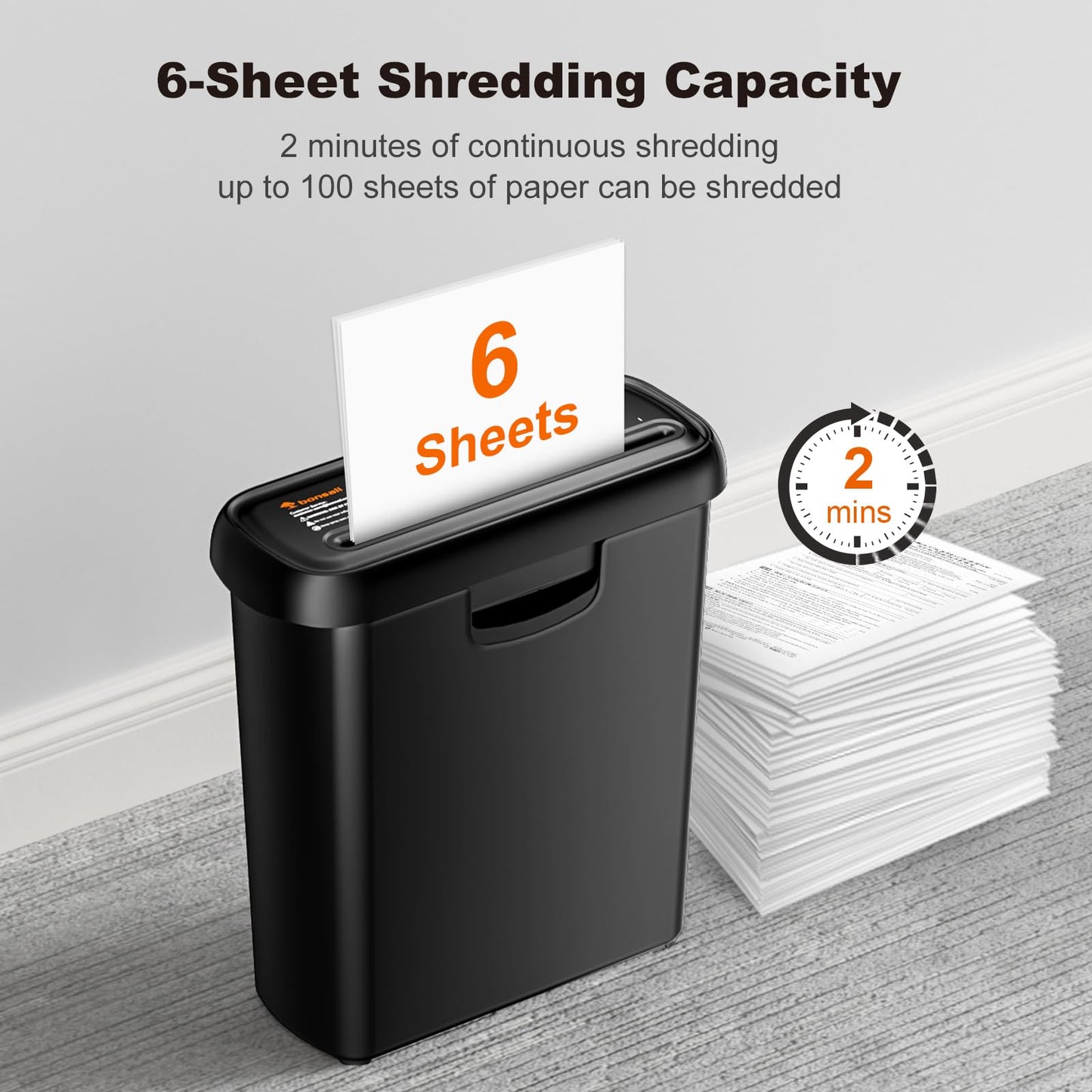 Bonsaii 6-Sheet Strip-Cut Paper Shredder, Small Paper Shredder for Home Use, Can be Used Without Bin, Extendable Arm Design with Overheat Protection, 9 Liter Bin, S123-A