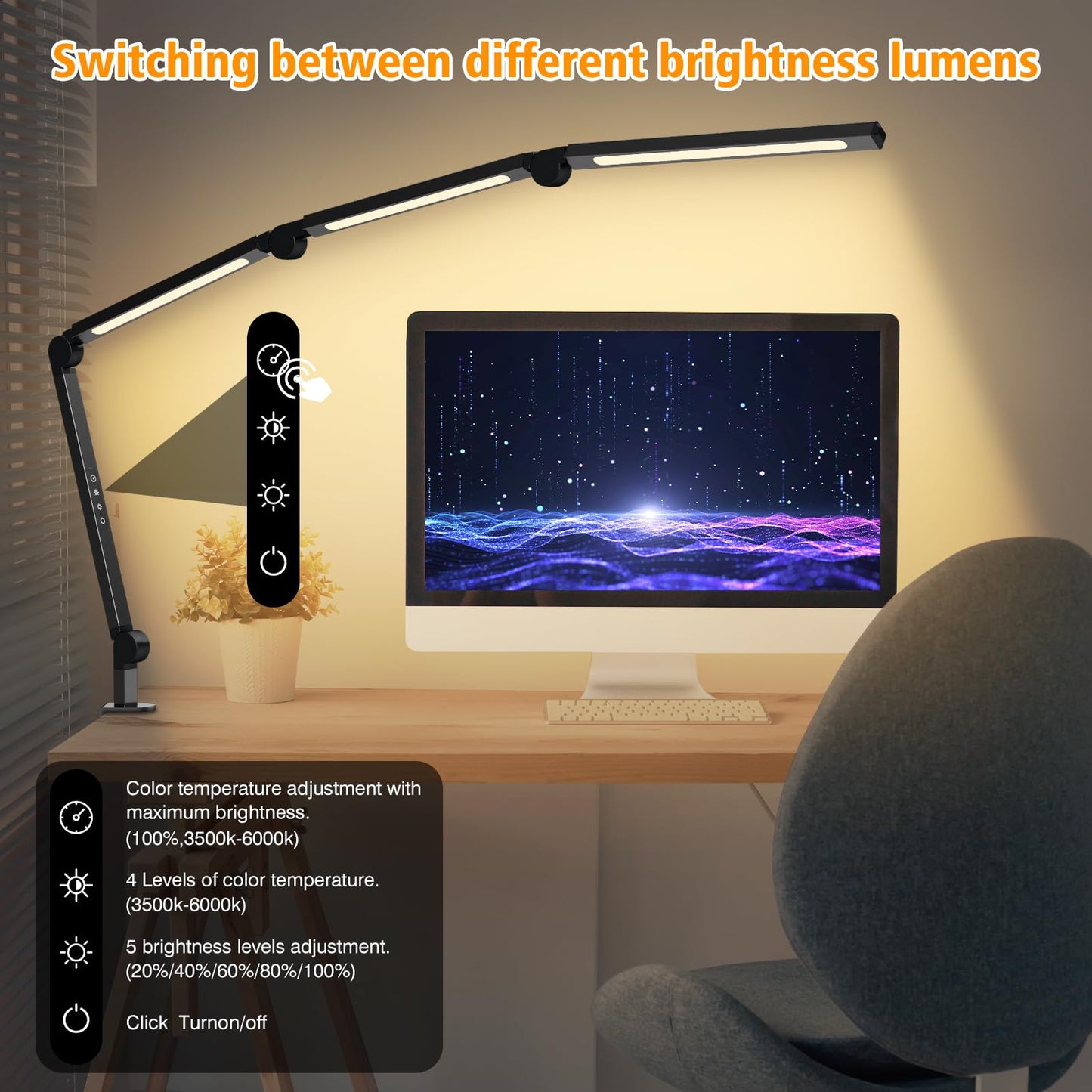 AILBTON LED Desk Lamp with Clip,Multi-Angle Flexible 4 Sections 3 Light Sources Office Desk Lamp,4 Color Temperatures and 5 Brightness Levels,Night Eye Care Table Lamp