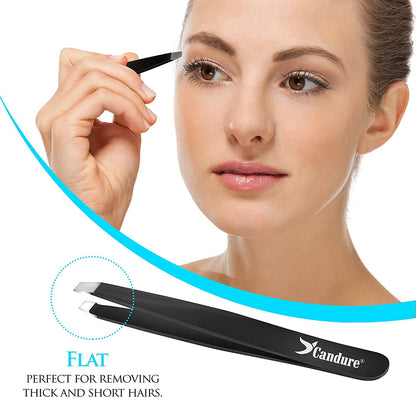 Candure Tweezers for Eyebrows - Professional Stainless Steel Slanted and Pointed Tip Hair Tweezers Set for Ingrown Hair, Blackhead Removal, Eyelash Extension, Eyebrows Plucking Beauty Tool for Women