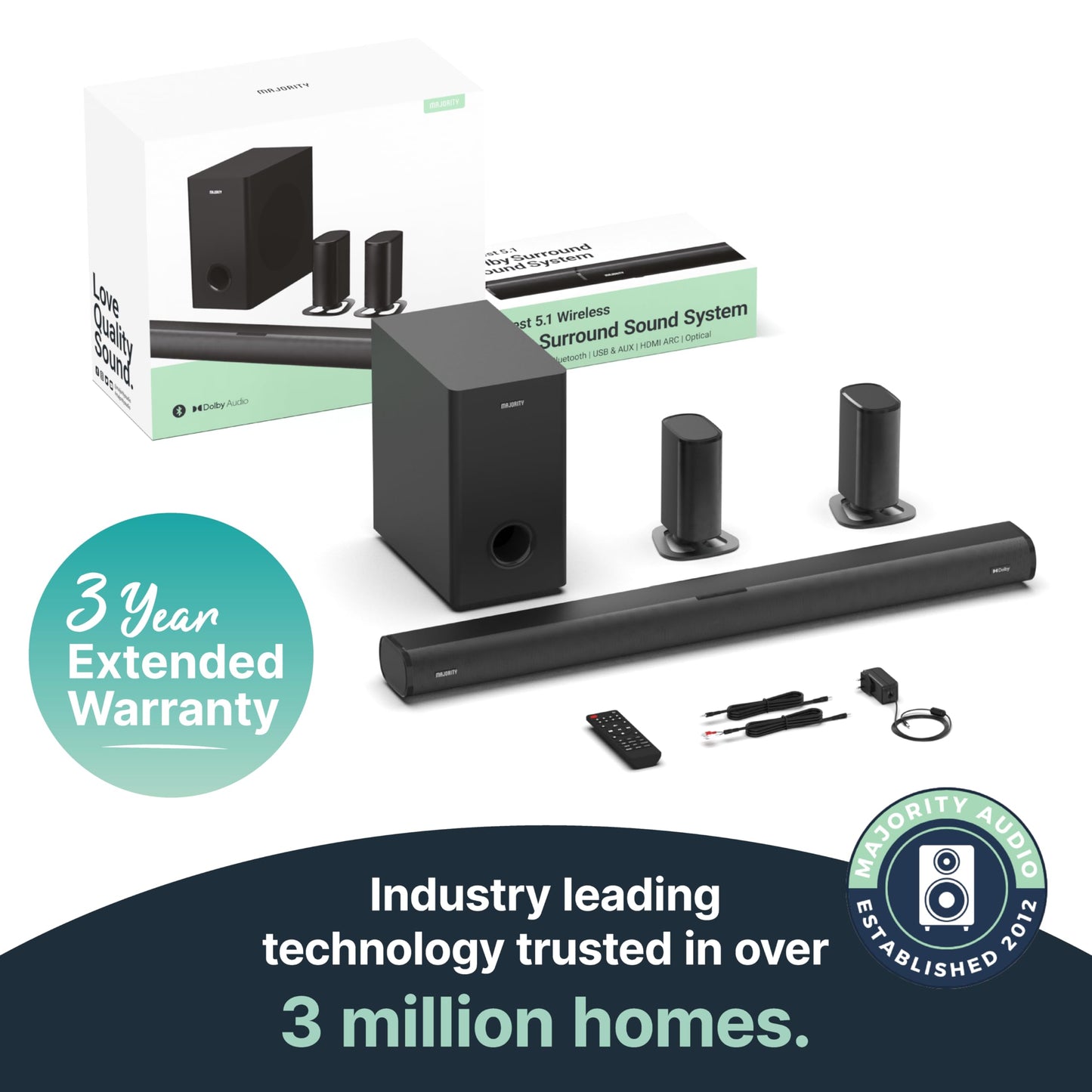 - MAJORITY Everest | Bluetooth 5.1 Surround Sound System | 3D Dolby Audio Soundbar -