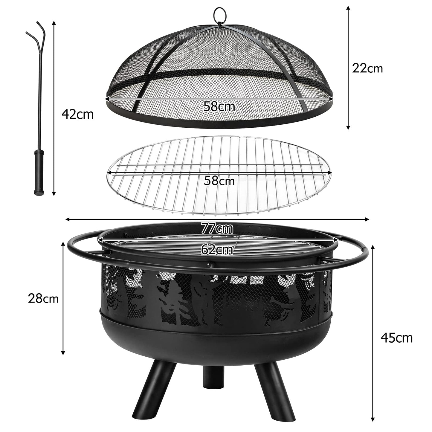 COSTWAY 77cm Large Fire Pit Bowl, 2 in 1 Wood Burning Firepit Brazier with Cooking Grill, Spark Guard and Fire Poker, Round Metal Log Heater Burner for Outdoor BBQ Camping Party