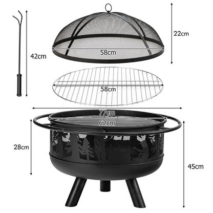 COSTWAY 77cm Large Fire Pit Bowl, 2 in 1 Wood Burning Firepit Brazier with Cooking Grill, Spark Guard and Fire Poker, Round Metal Log Heater Burner for Outdoor BBQ Camping Party