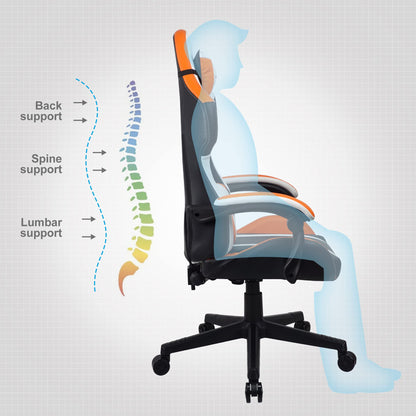 - T-THREE | Ergonomic Leather Gaming Chair | Height Adjustable with Headrest and Lumbar Support | Orange -