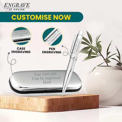 - EIO Gifts Personalised Pen | BallPoint Silver Pen in Chrome Case | Engraved -