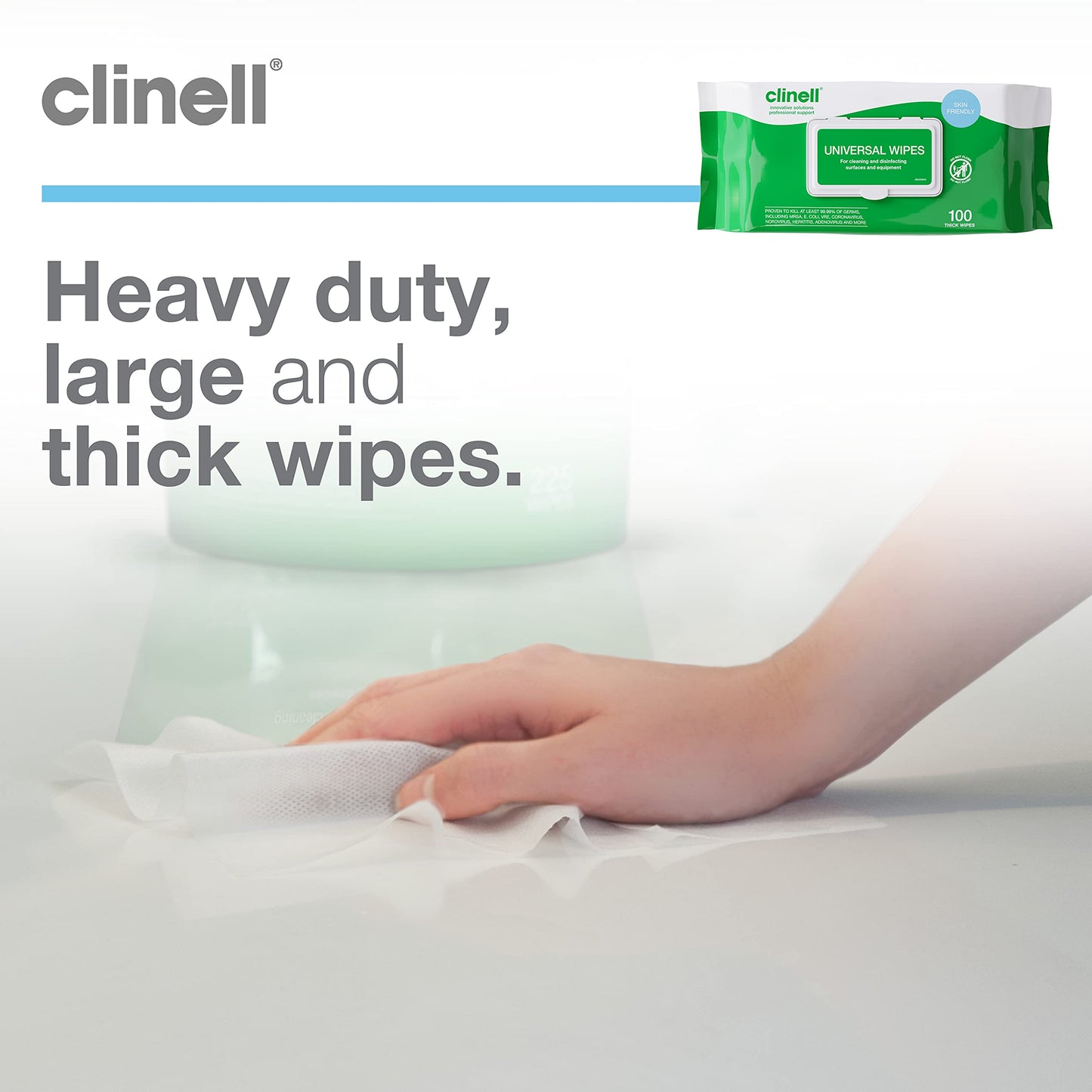Clinell Universal Cleaning and Disinfectant Wipes for Surfaces - Pack of 100 Thick Wipes - Multi Purpose Wipes, Kills 99.99% of Germs, Quick Action - 255mm x 175mm